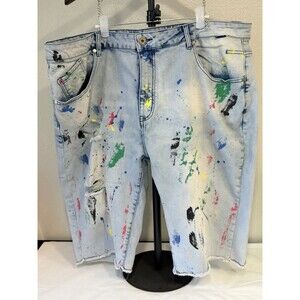 Staple Pigeon Men Size 42 Paint Splatter Denim Shorts Distressed Ripped Jorts